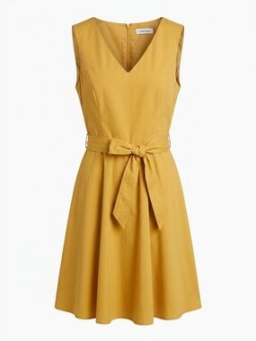 Calvin Klein Mustard Yellow V-Neck Stretch Fit & Flare Chic Belted Dress Size 8